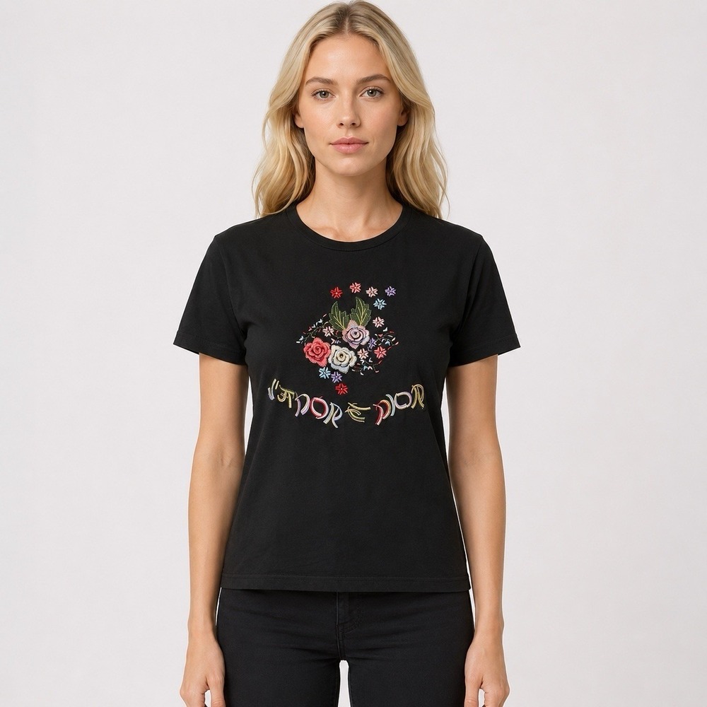 Christian Dior Boutique Paris Black Floral Embroidered T-Shirt France Women's 42 - Picture 1 of 8